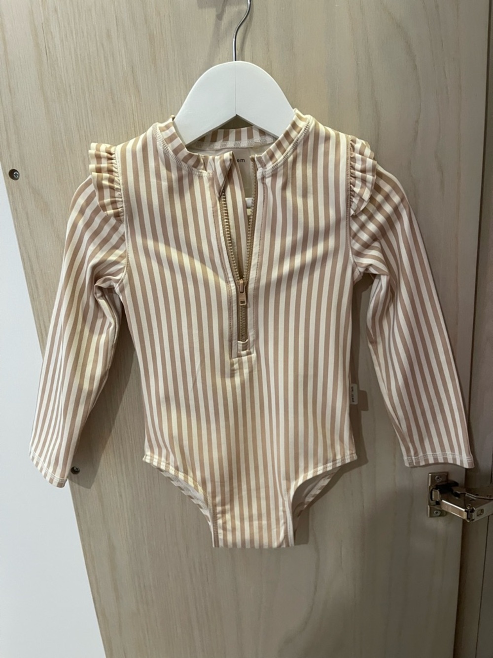 Petit Lem Long-Sleeve Striped One-Piece in Cream and Tan